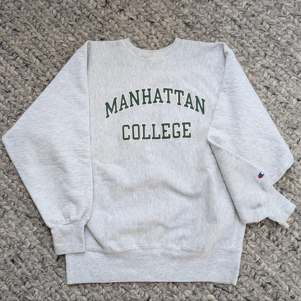 Vintage 90's Champion Reverse Weave Manhattan College Sweatshirt Gray Green XL - Picture 2 of 9